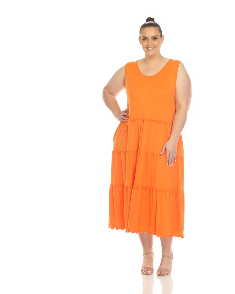 Front of a model wearing a size 3X Scoop Neck Tiered Maxi Dress in Tiger Orange by White Mark. | dia_product_style_image_id:274957